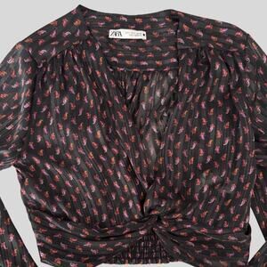 Zara Paisley Print Flowy Crop Blouse - Black Multi-Color - Size Small